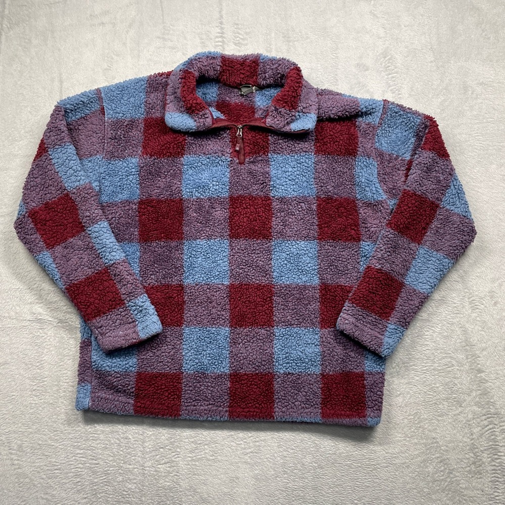 Eddie Bauer Fleece Pullover Womens M Blue Burgundy Plaid Sherpa Quarter-Zip